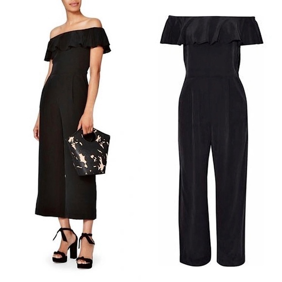 NWT L’AGENCE 70s Washed Silk Ruffled Off Shoulder Cropped Wide Leg Jumpsuit XS - Picture 6 of 6